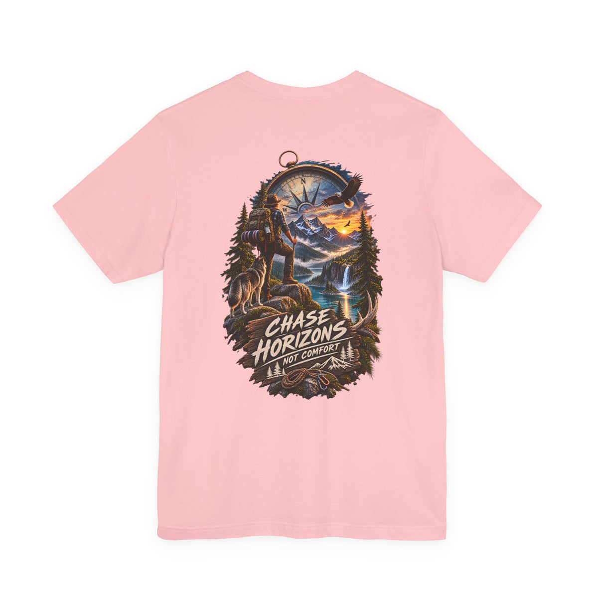 Chase Horizons Adventure T-Shirt — Scenic Back Graphic with 'Chase Horizons, Not Comfort'