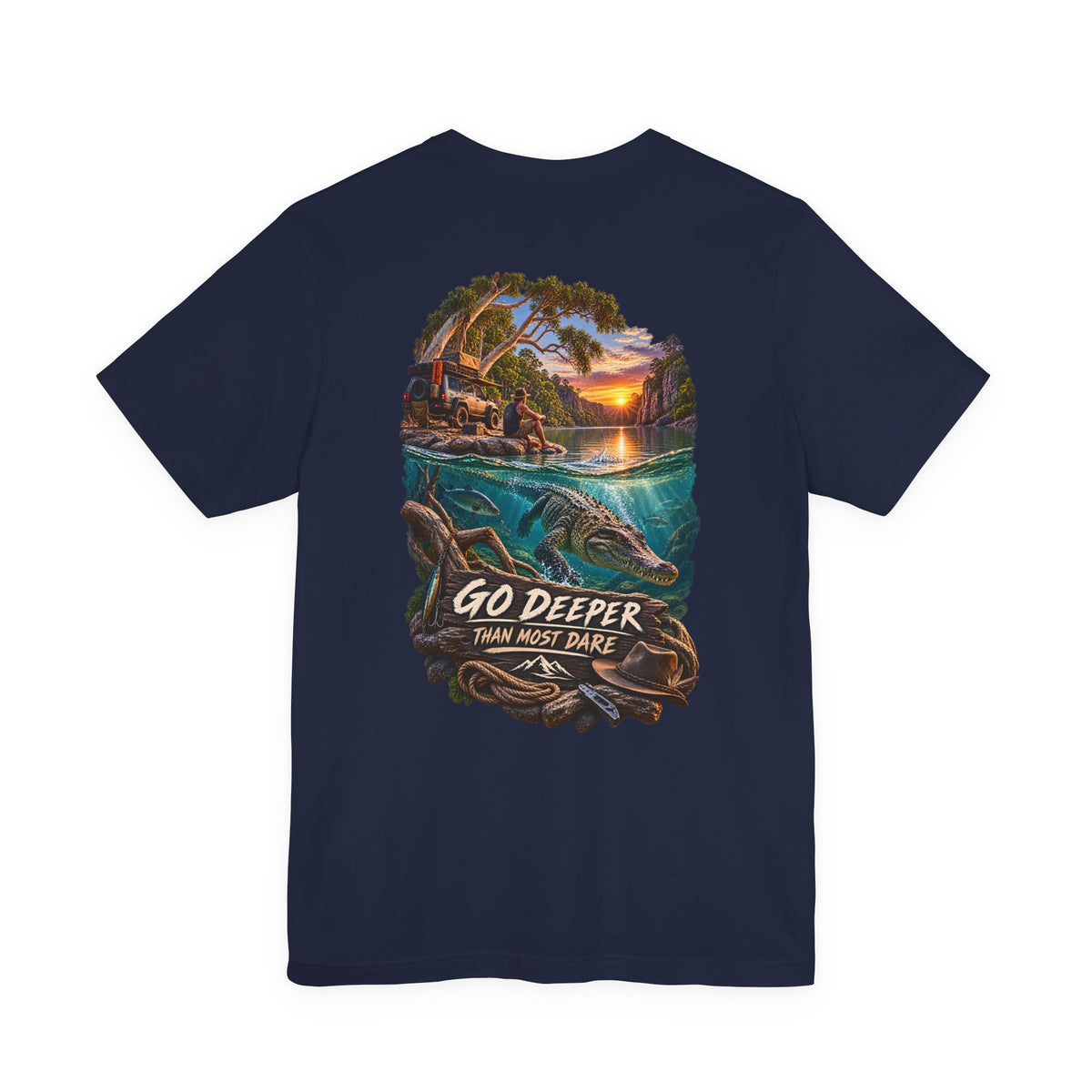 Go Deeper Dolphin Beach Tee — Nautical Sunset Ocean Graphic T‑Shirt