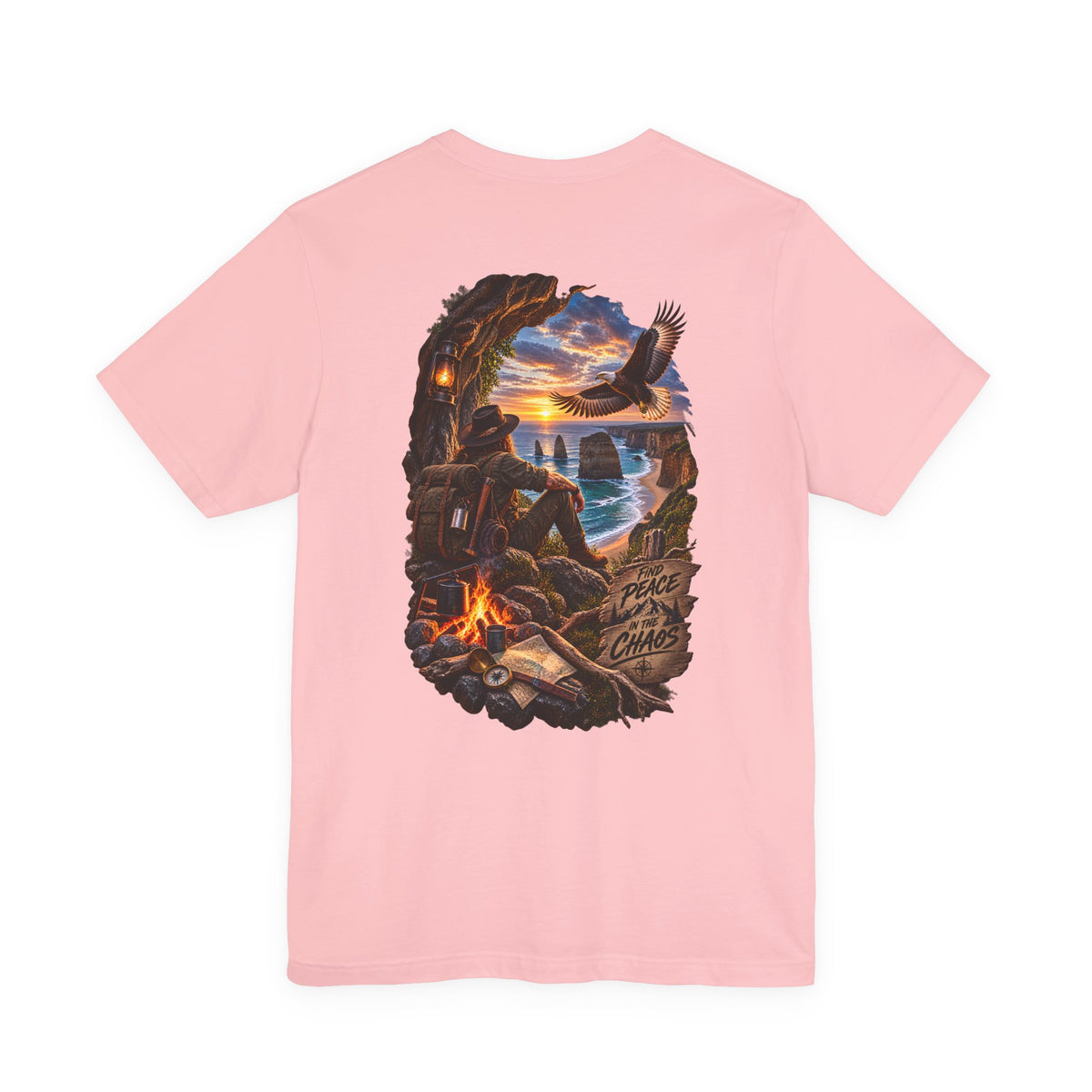 Coastal Campfire Adventure T-Shirt — Sunset, Eagle & Seaside Explorer Tee