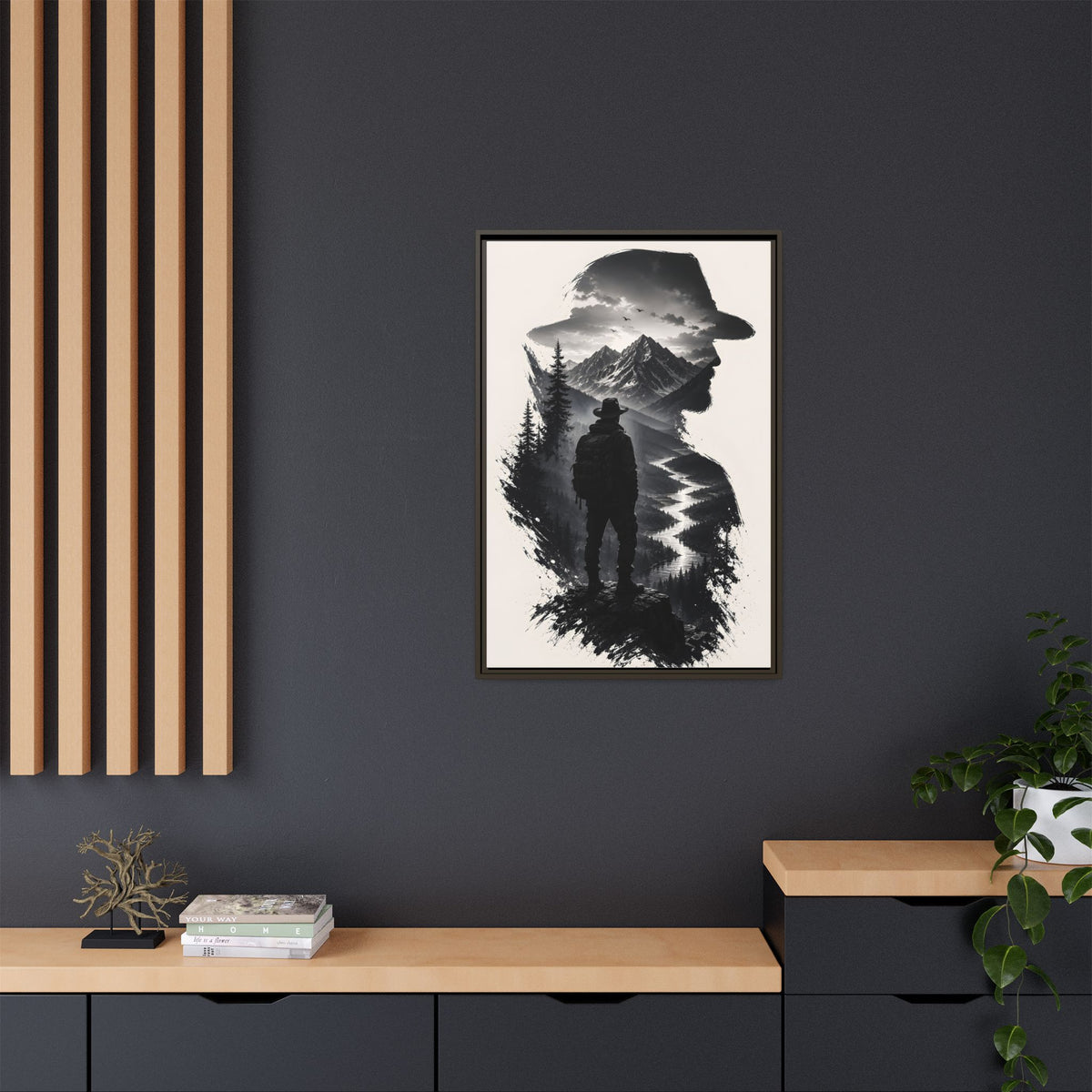 Adventure Silhouette Matte Canvas Framed Print — Mountain Hiker Double Exposure Wall Art