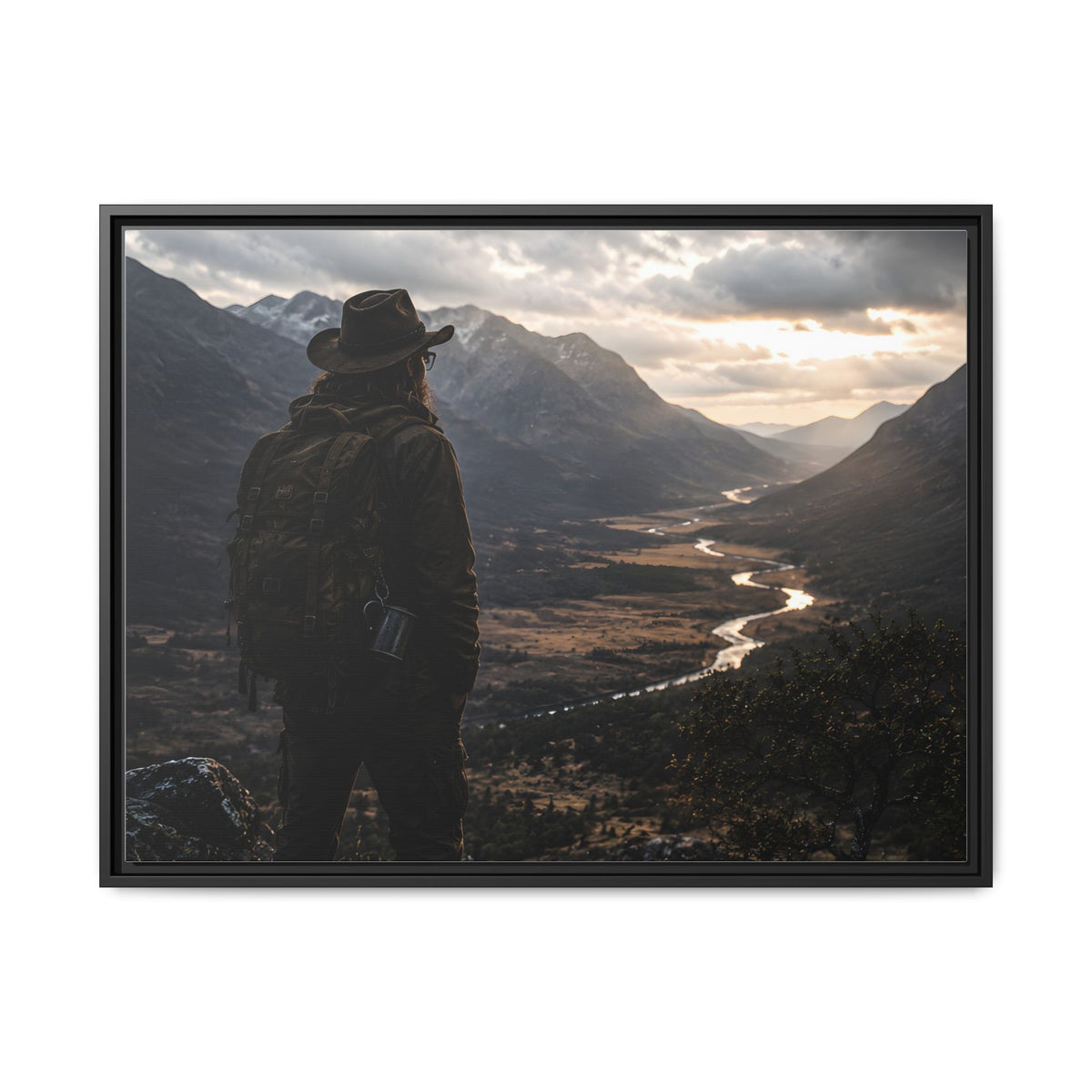 Wanderer in the Valley Matte Framed Canvas – Adventure Landscape Wall Art