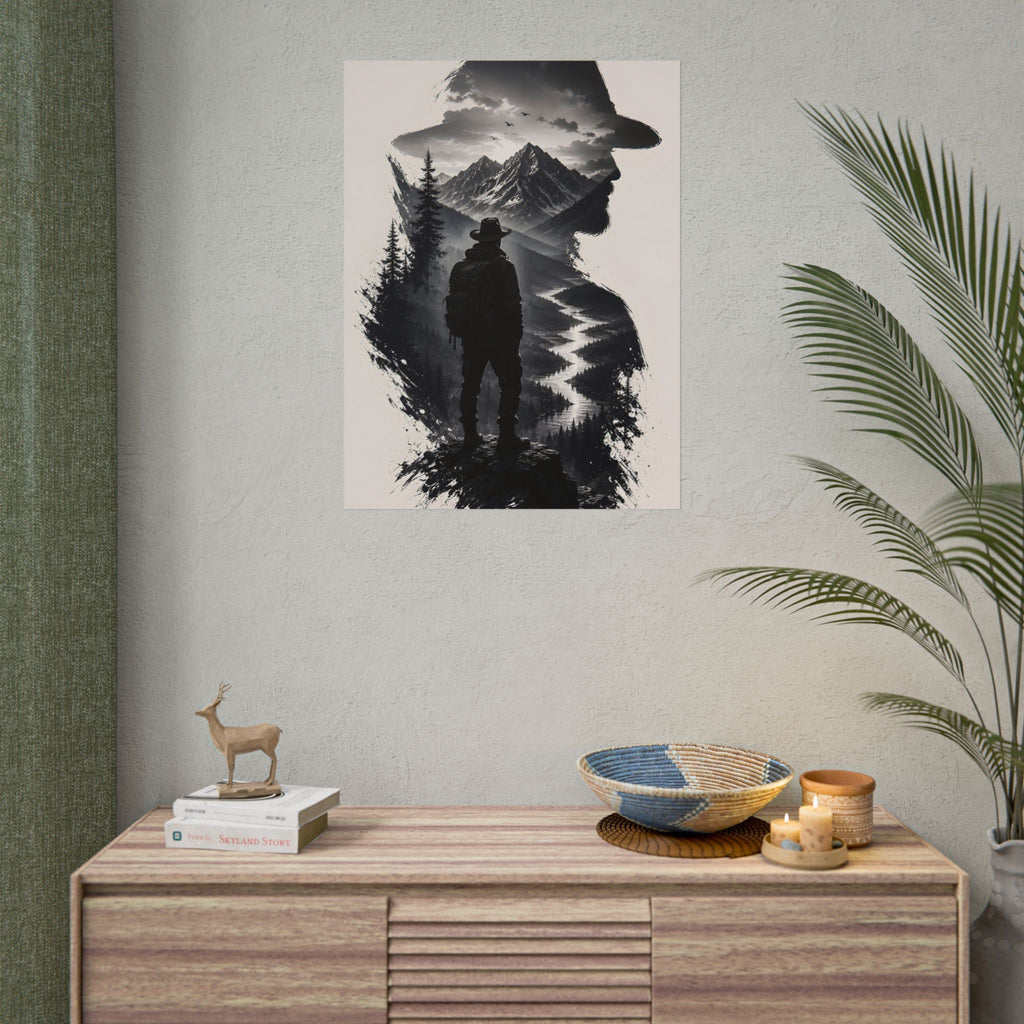 Adventure Silhouette Poster — Hiker, Mountains & River Rolled Wall Art