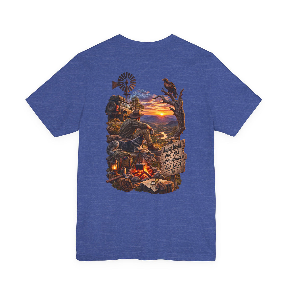 Sunset Campfire Western Tee — "Not All Who Wander Are Lost"