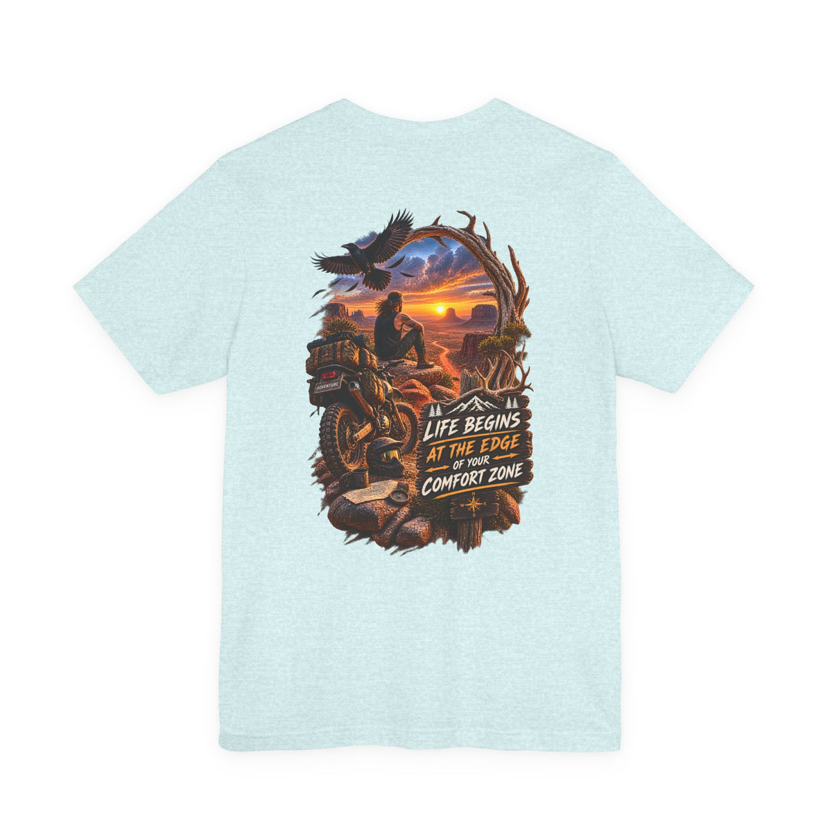 Adventure Motorcycle Tee — "Life Begins at the Edge of Your Comfort Zone"