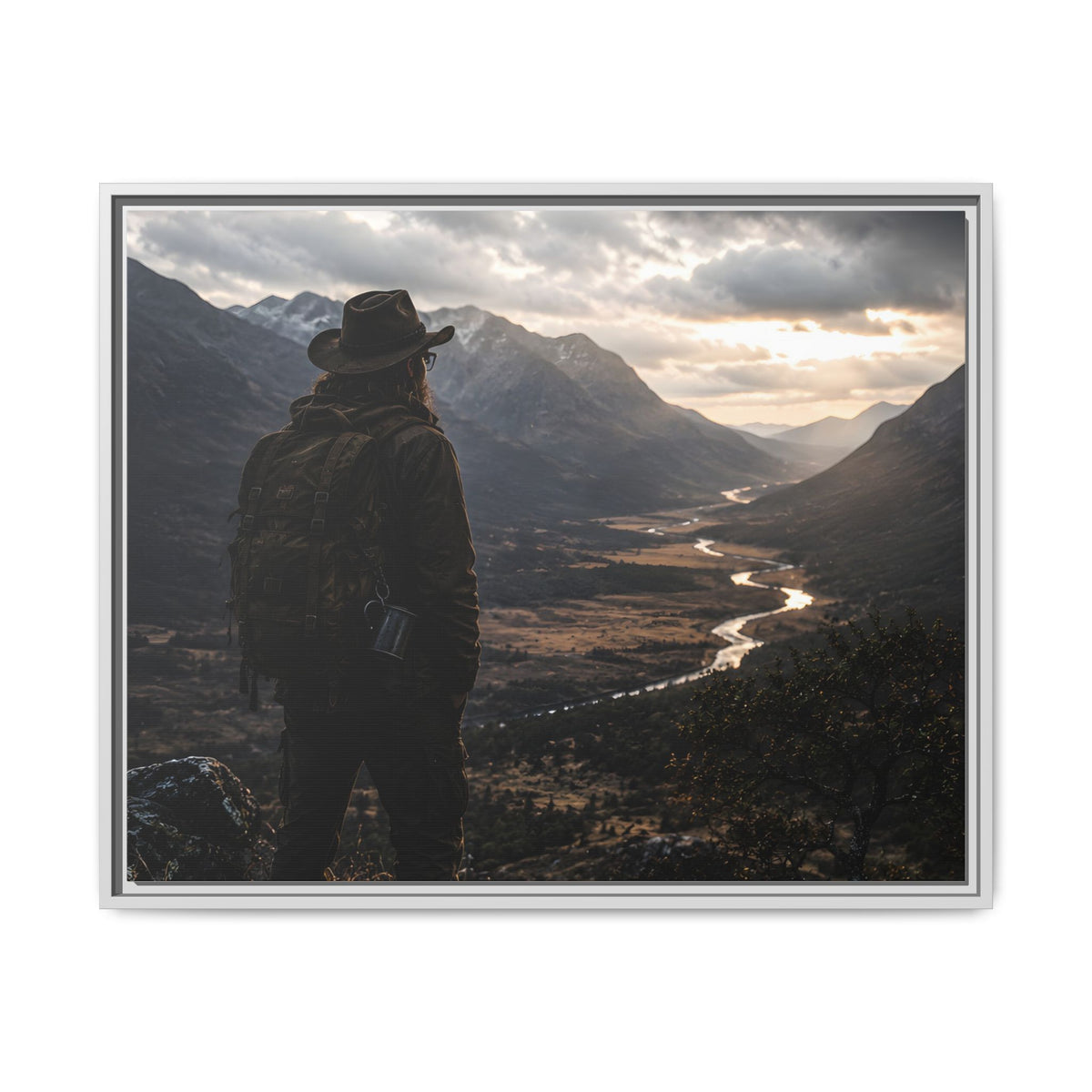 Wanderer in the Valley Matte Framed Canvas – Adventure Landscape Wall Art