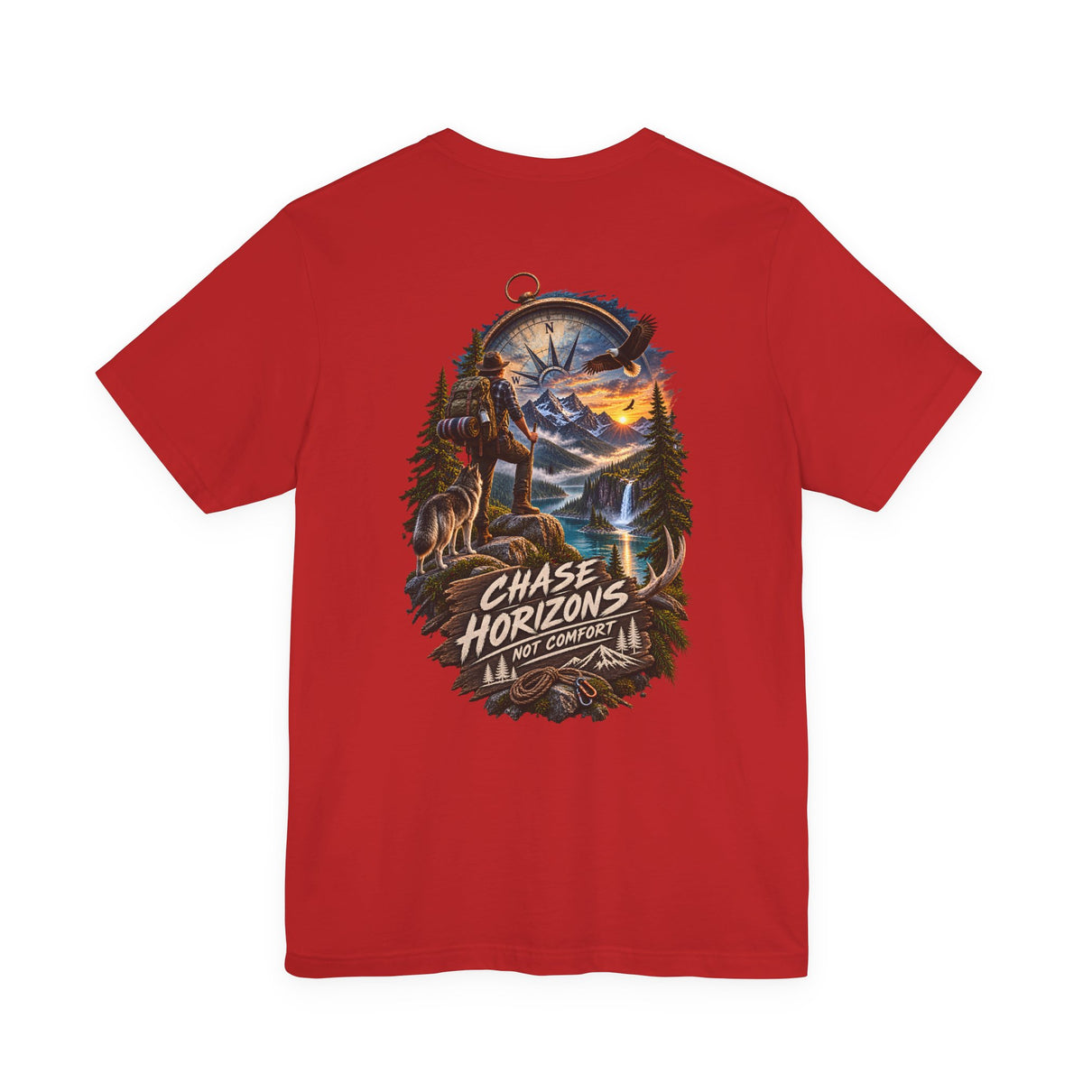 Chase Horizons Adventure T-Shirt — Scenic Back Graphic with 'Chase Horizons, Not Comfort'