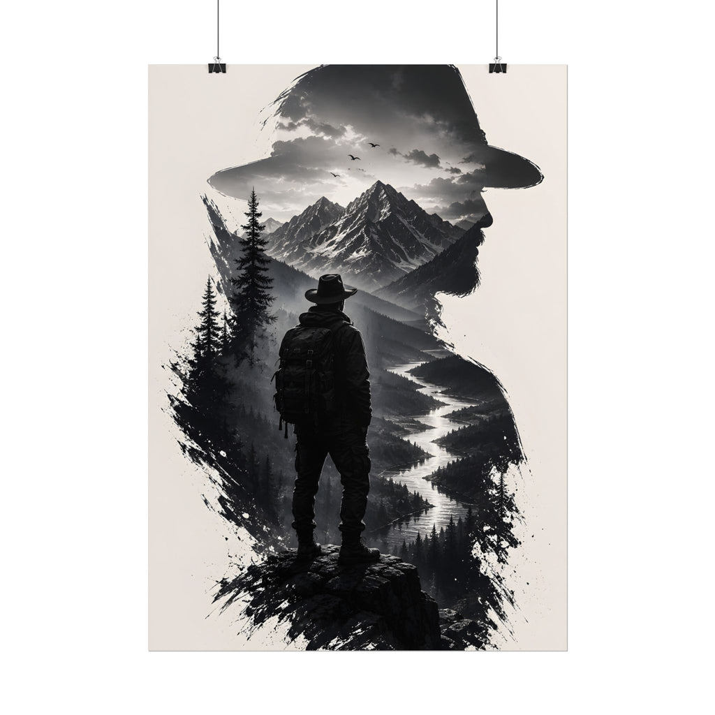 Adventure Silhouette Poster — Hiker, Mountains & River Rolled Wall Art