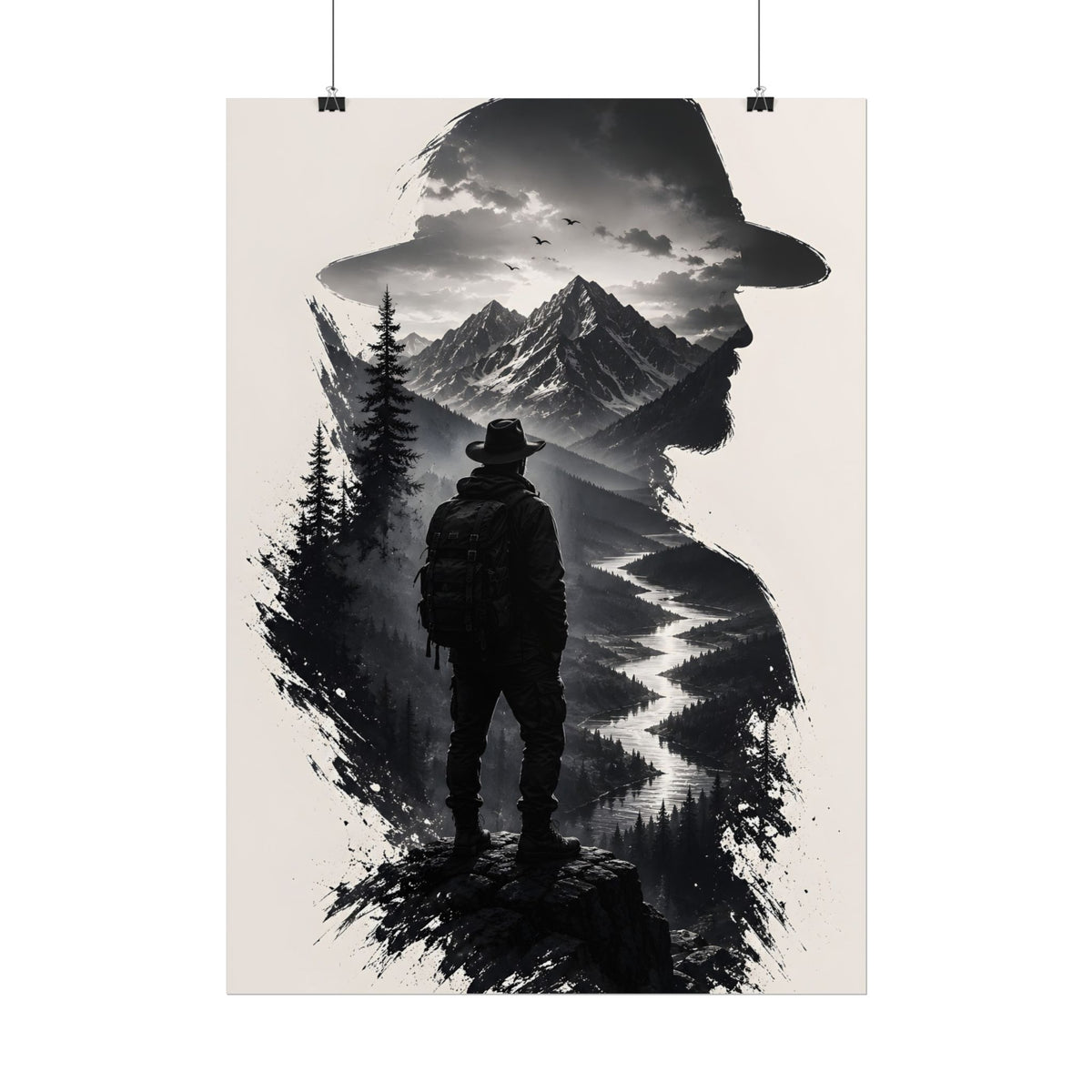 Adventure Silhouette Poster — Hiker, Mountains & River Rolled Wall Art