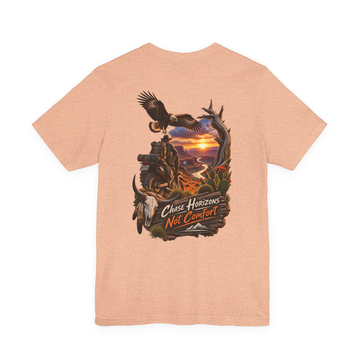 Chase Horizons Not Comfort T-Shirt — Adventure Motorcycle Sunset Graphic Tee
