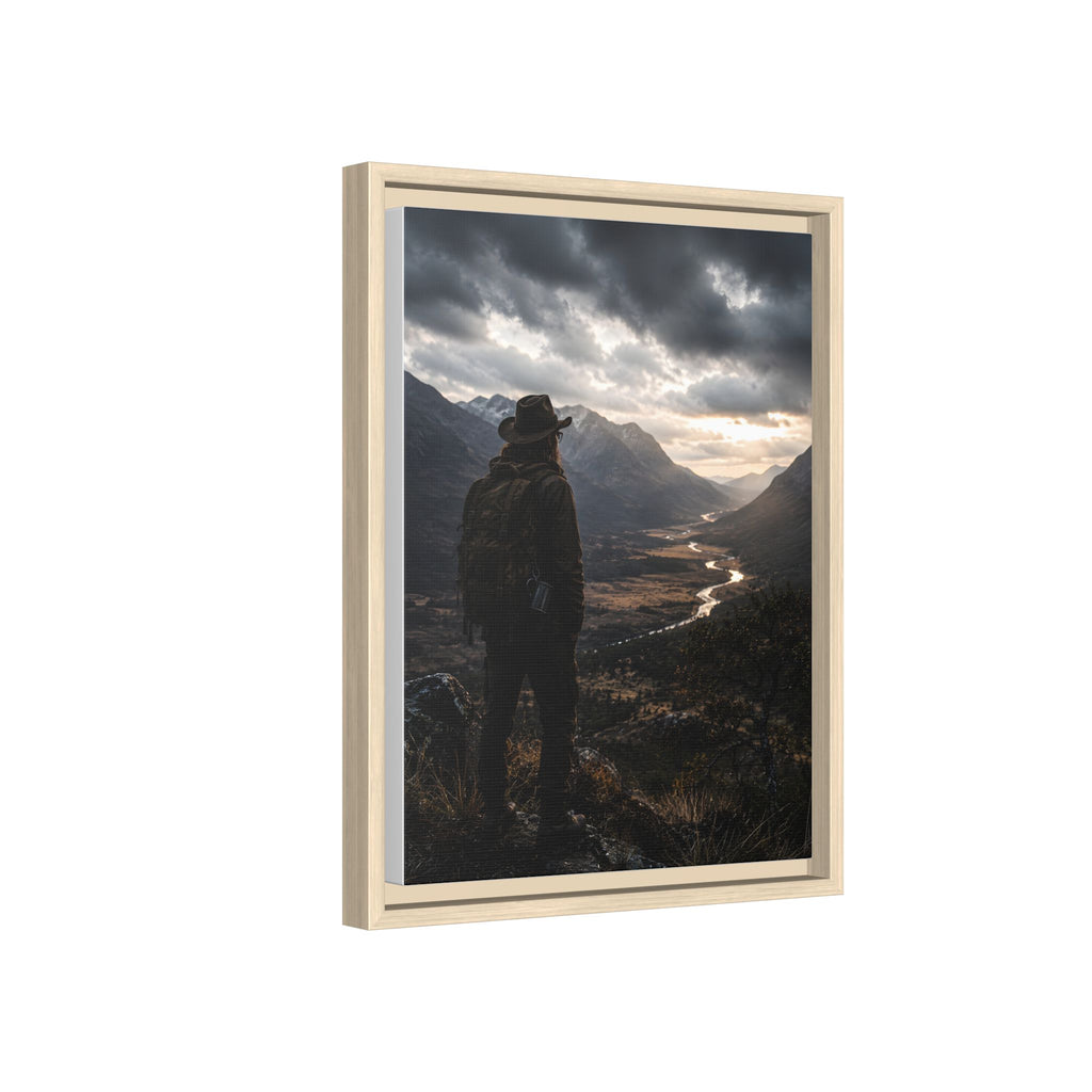 Wanderer in the Valley Matte Framed Canvas – Adventure Landscape Wall Art