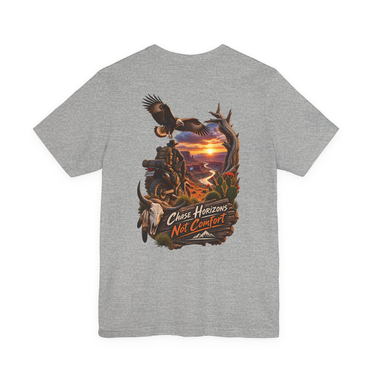 Chase Horizons Not Comfort T-Shirt — Adventure Motorcycle Sunset Graphic Tee