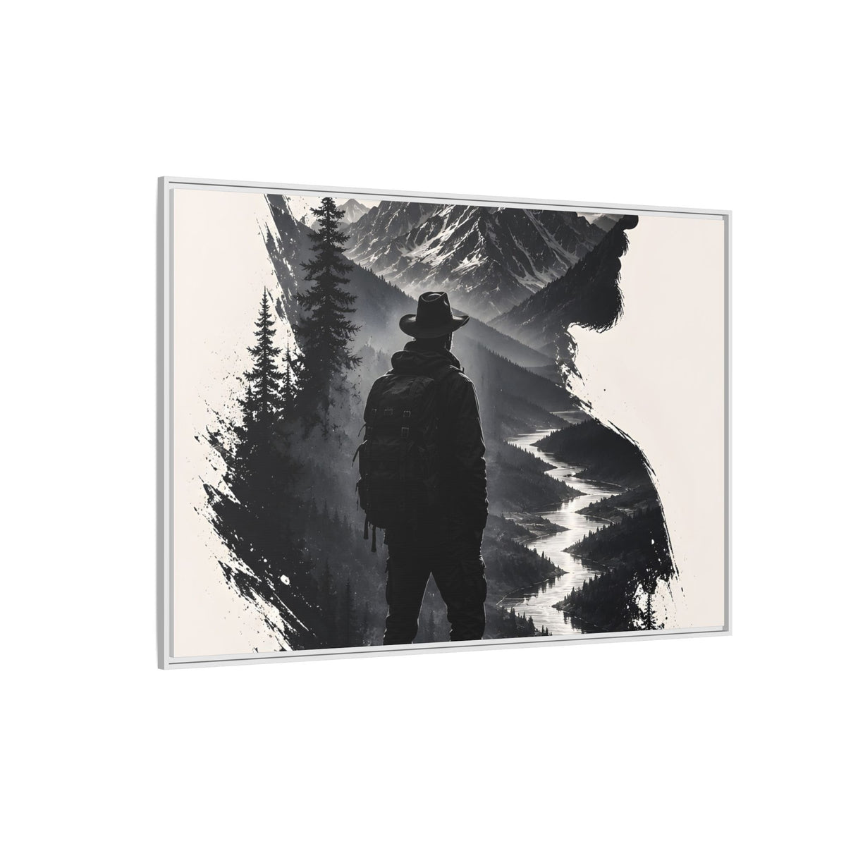 Adventure Silhouette Matte Canvas Framed Print — Mountain Hiker Double Exposure Wall Art