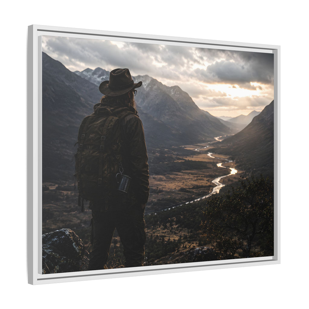 Wanderer in the Valley Matte Framed Canvas – Adventure Landscape Wall Art