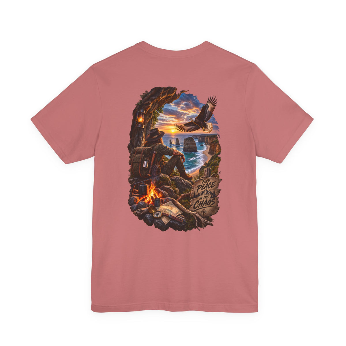 Coastal Campfire Adventure T-Shirt — Sunset, Eagle & Seaside Explorer Tee