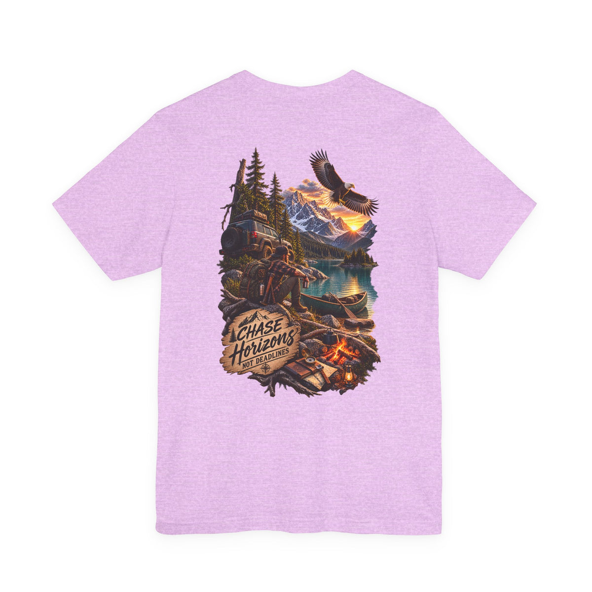 Adventure Graphic Tee — "Chase New Horizons" Mountain & Eagle Back Print