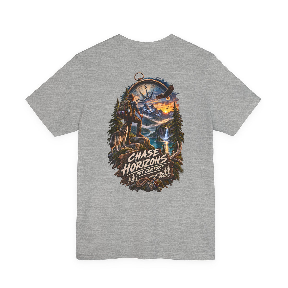 Chase Horizons Adventure T-Shirt — Scenic Back Graphic with 'Chase Horizons, Not Comfort'