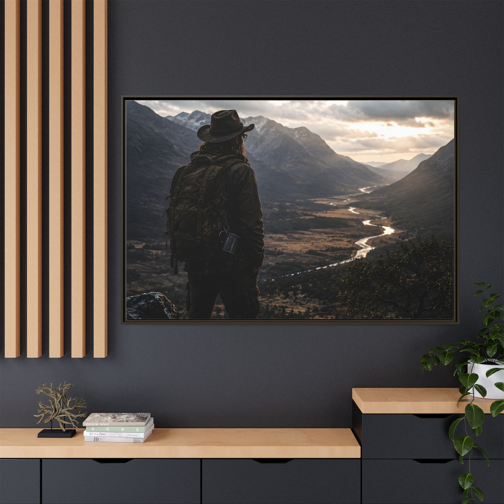 Wanderer in the Valley Matte Framed Canvas – Adventure Landscape Wall Art