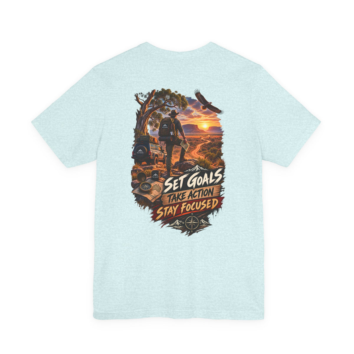 Motivational Hiking T‑Shirt — "Set Goals, Take Action, Stay Focused" Back Graphic