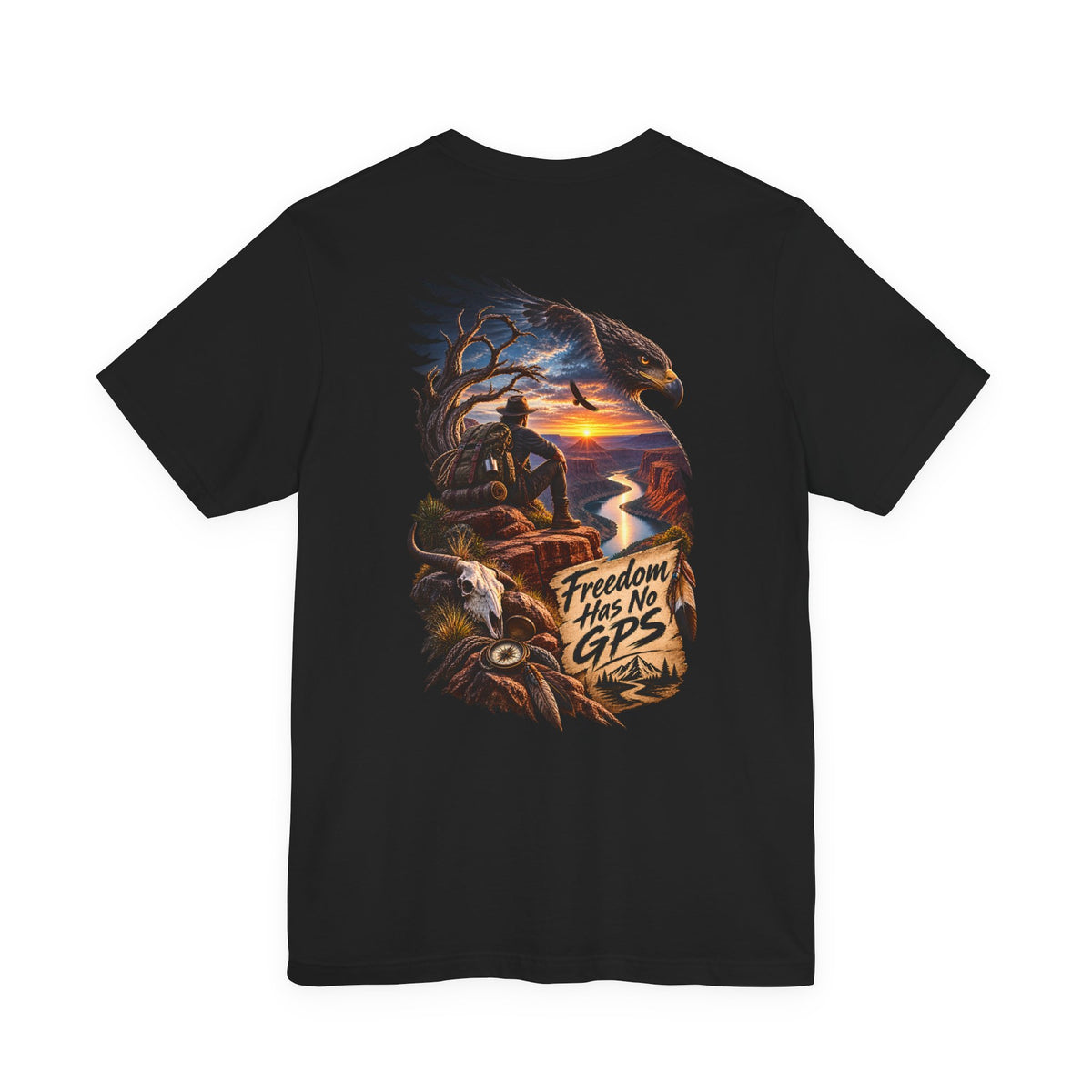 Freedom Has No GPS T‑Shirt — Patriotic Eagle Sunset Vintage Tee