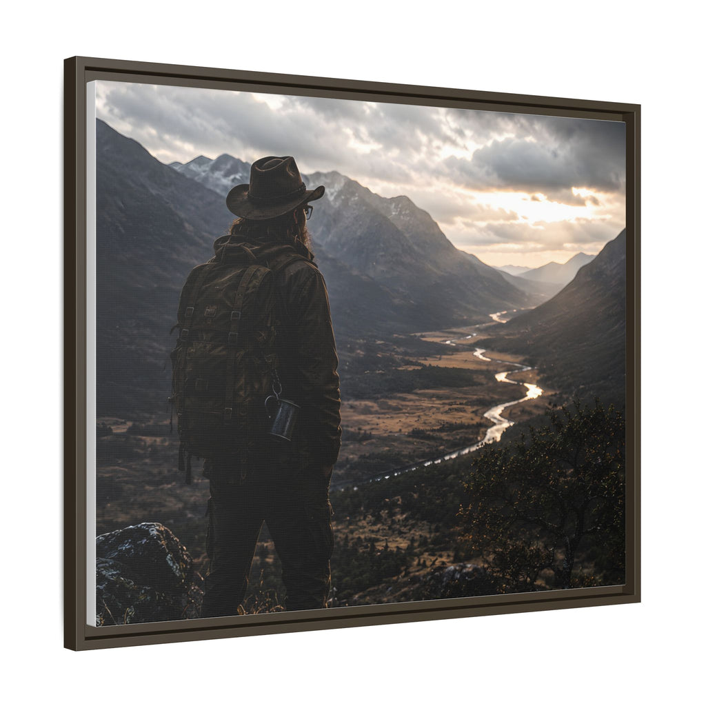 Wanderer in the Valley Matte Framed Canvas – Adventure Landscape Wall Art
