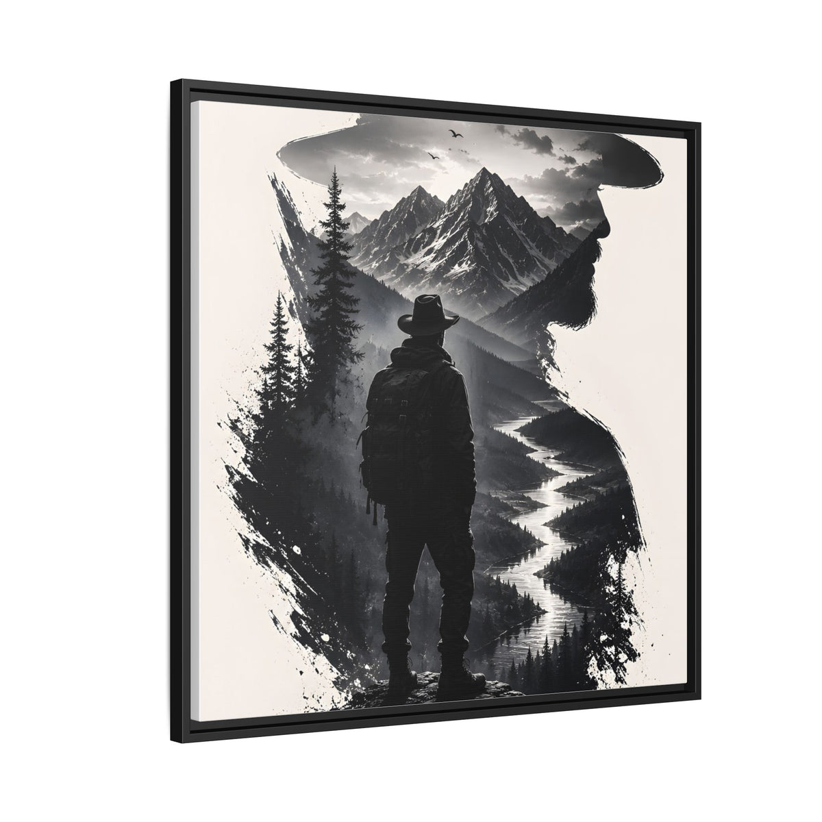 Adventure Silhouette Matte Canvas Framed Print — Mountain Hiker Double Exposure Wall Art