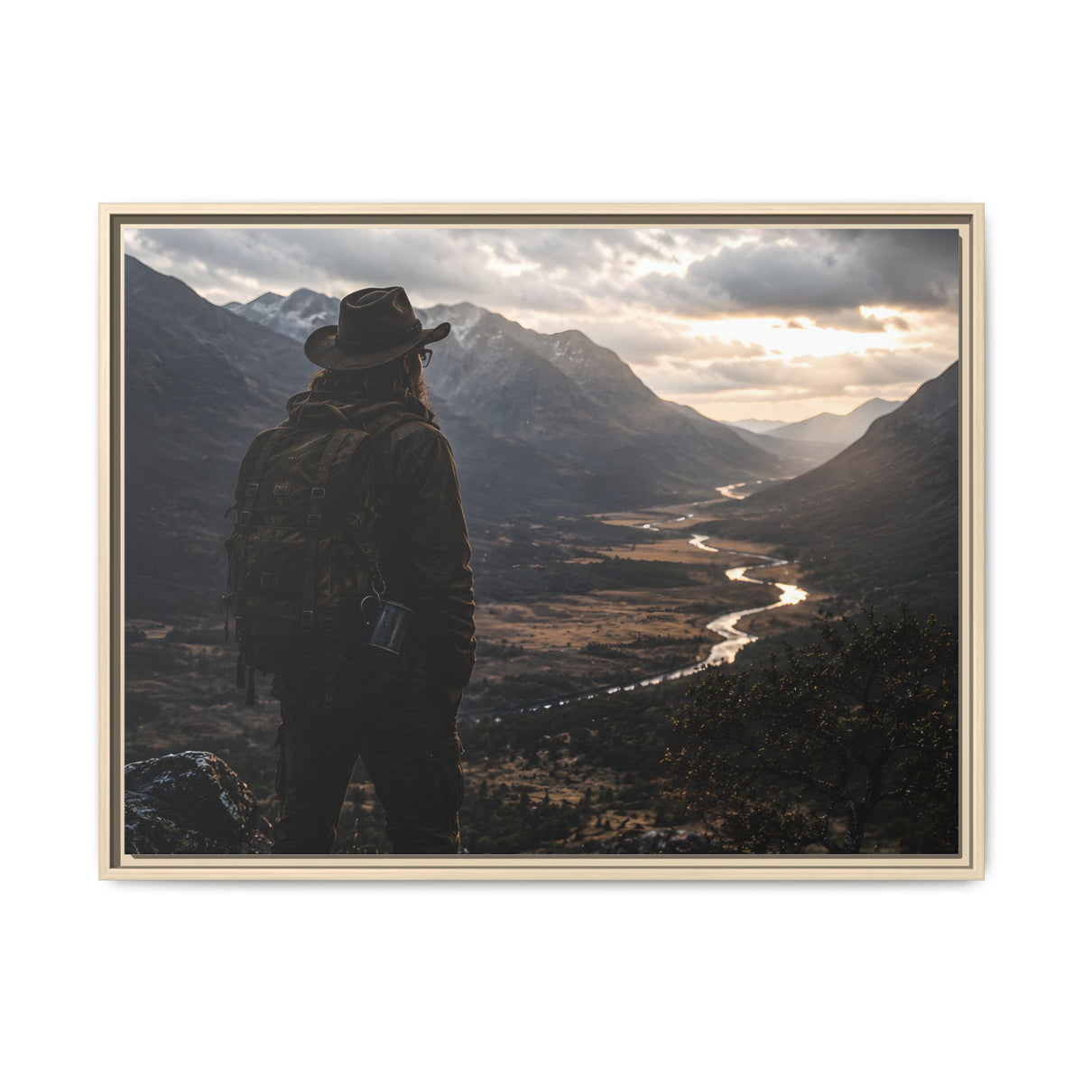 Wanderer in the Valley Matte Framed Canvas – Adventure Landscape Wall Art