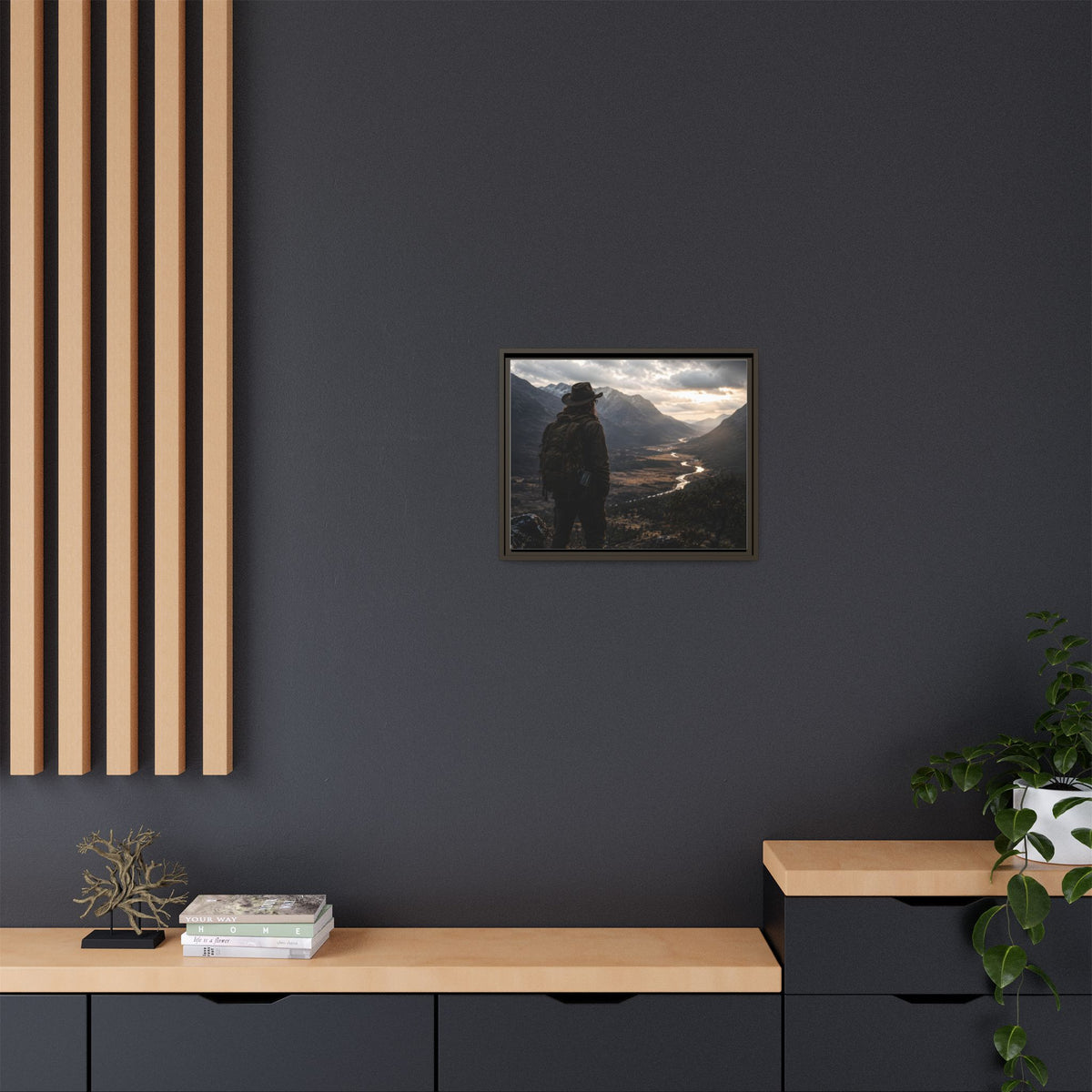Wanderer in the Valley Matte Framed Canvas – Adventure Landscape Wall Art