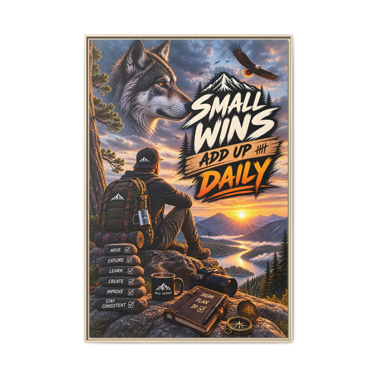 Small Wins Add Up Daily Framed Canvas Wall Art — Motivational Hiking Print