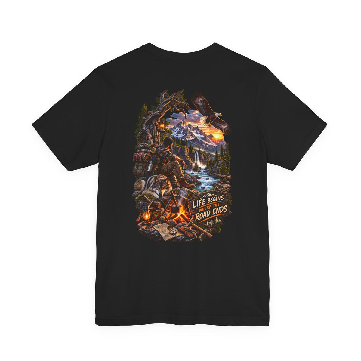 Adventure Campfire Tee — Life Begins Where the Road Ends Graphic T-Shirt
