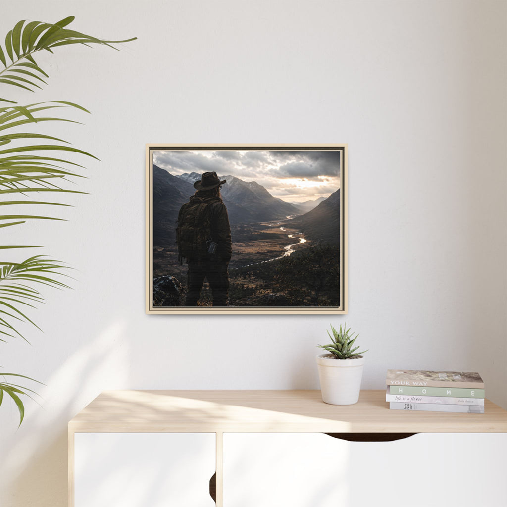 Wanderer in the Valley Matte Framed Canvas – Adventure Landscape Wall Art