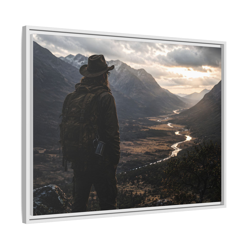 Wanderer in the Valley Matte Framed Canvas – Adventure Landscape Wall Art