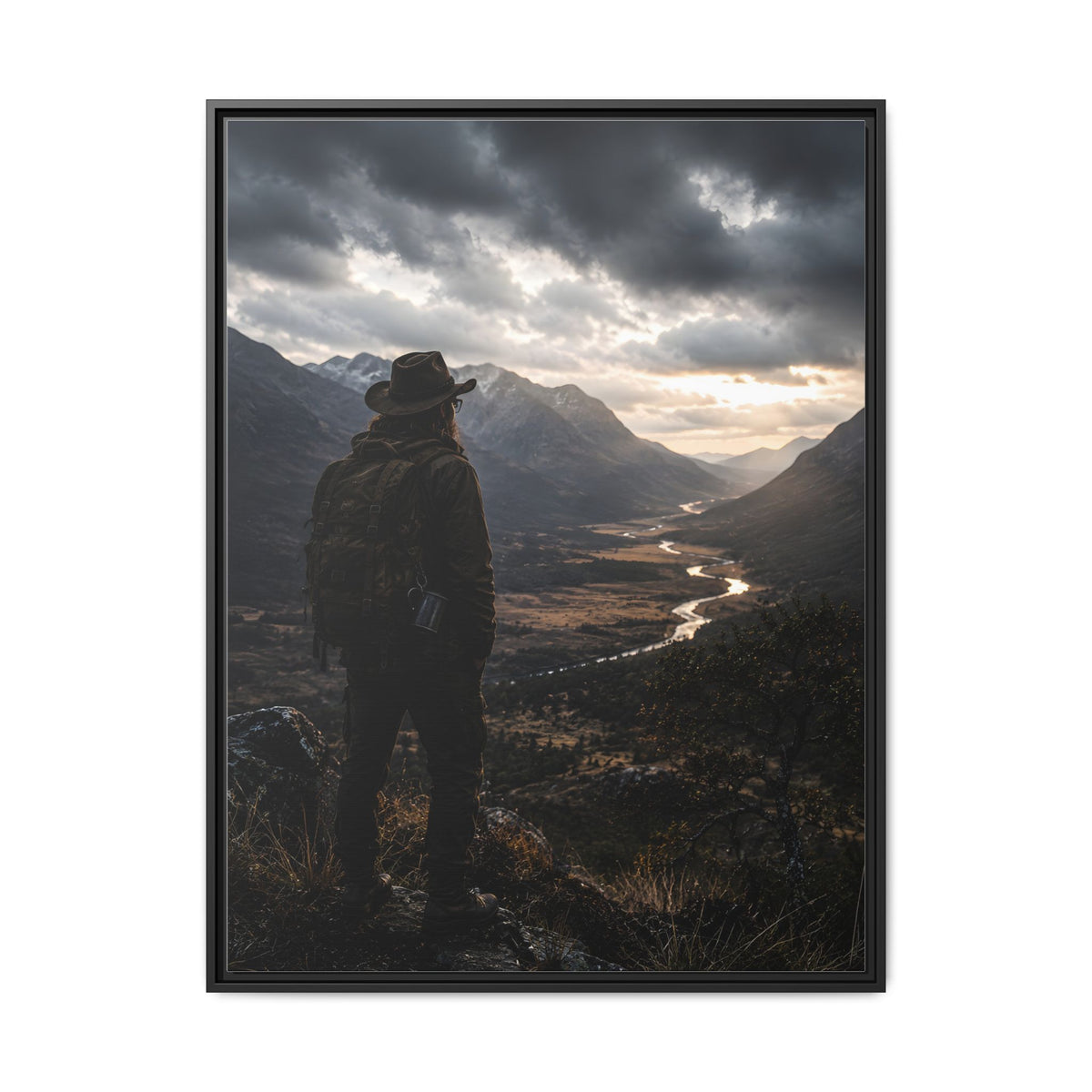 Wanderer in the Valley Matte Framed Canvas – Adventure Landscape Wall Art