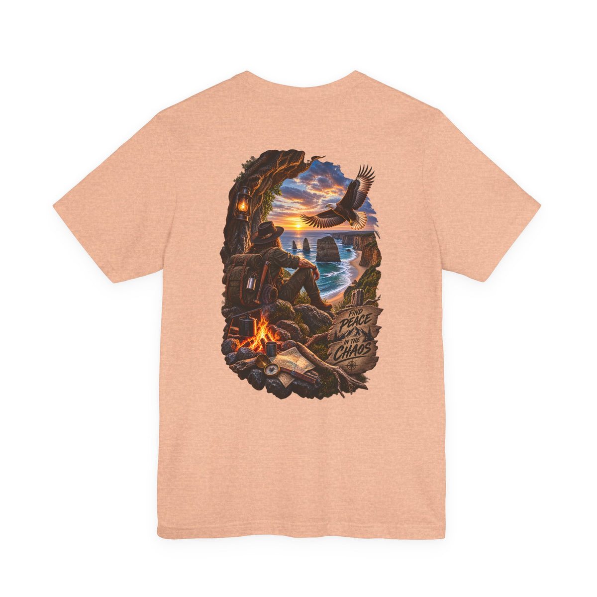 Coastal Campfire Adventure T-Shirt — Sunset, Eagle & Seaside Explorer Tee