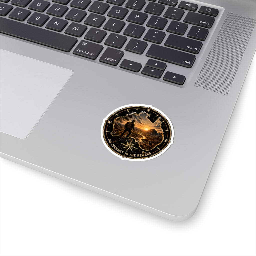 Adventure Compass Sticker — “The Journey Is The Reward” Outdoor Travel Kiss-Cut Decal