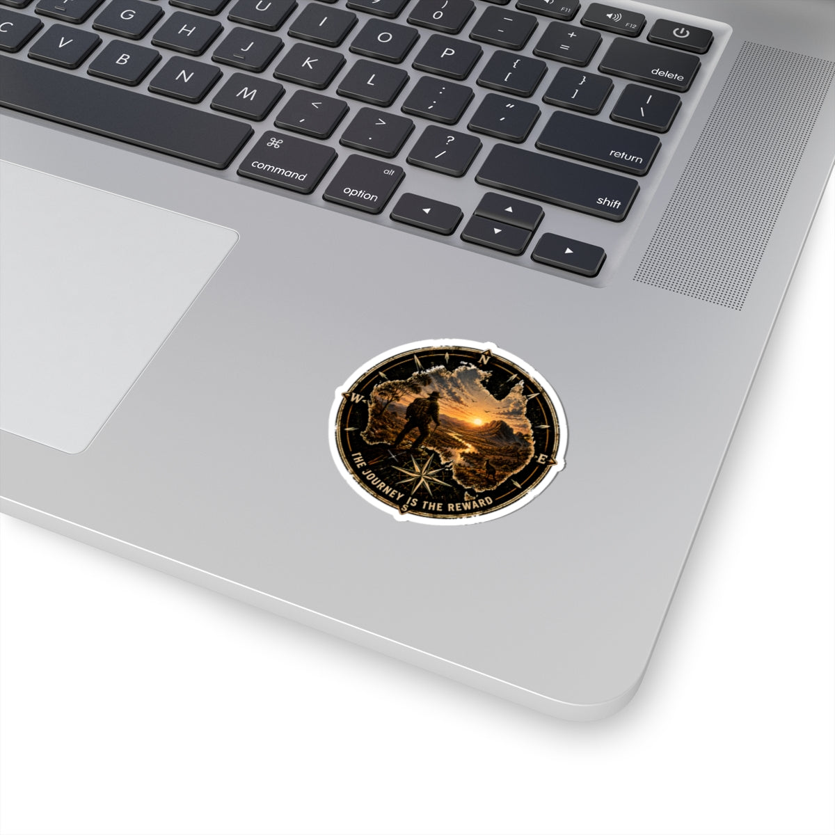 Adventure Compass Sticker — “The Journey Is The Reward” Outdoor Travel Kiss-Cut Decal