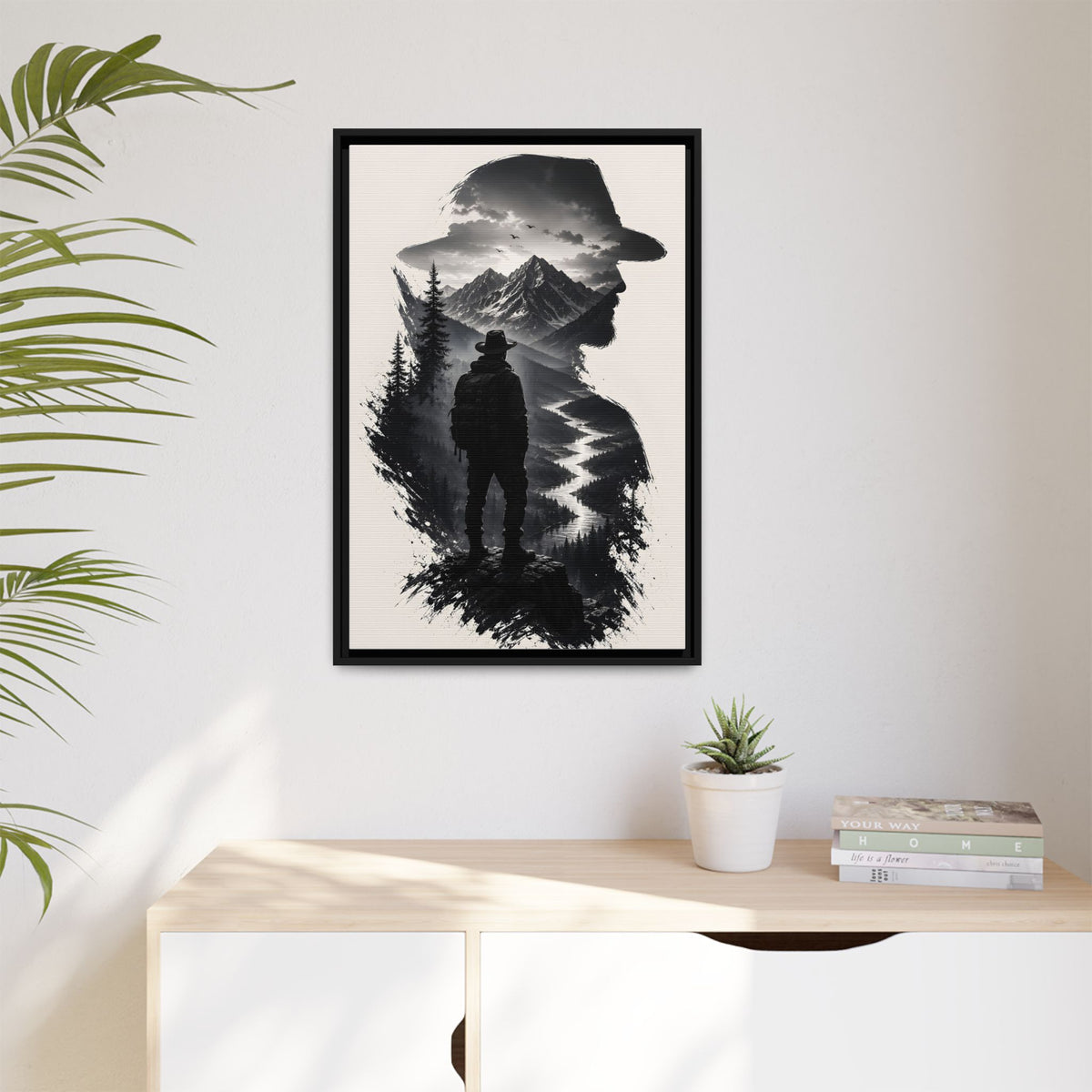 Adventure Silhouette Matte Canvas Framed Print — Mountain Hiker Double Exposure Wall Art