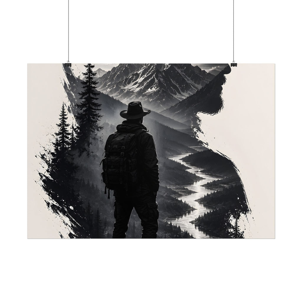 Adventure Silhouette Poster — Hiker, Mountains & River Rolled Wall Art