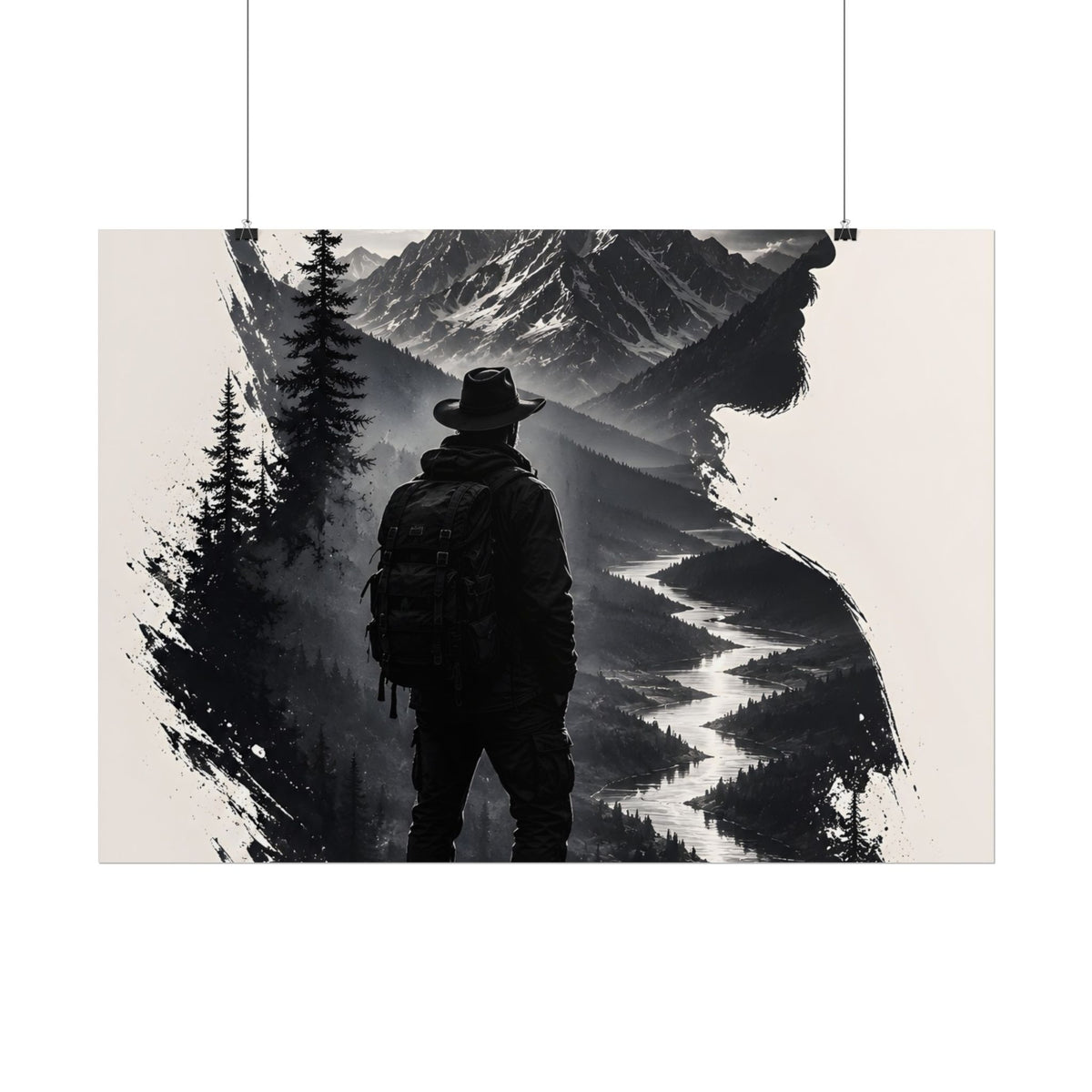 Adventure Silhouette Poster — Hiker, Mountains & River Rolled Wall Art