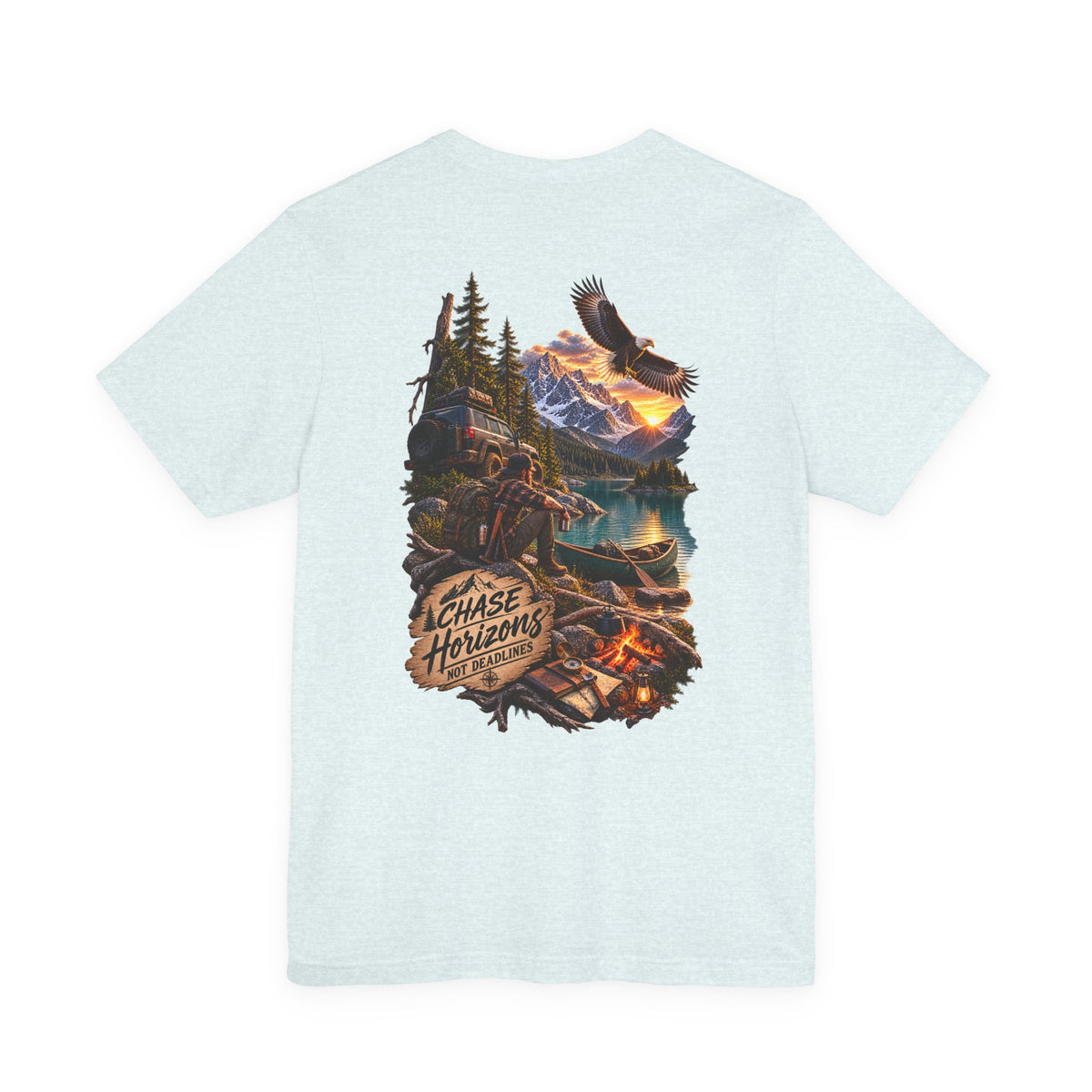 Adventure Graphic Tee — "Chase New Horizons" Mountain & Eagle Back Print