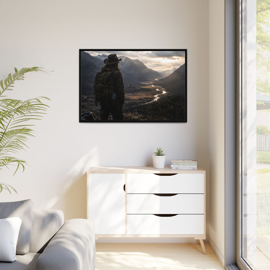 Wanderer in the Valley Matte Framed Canvas – Adventure Landscape Wall Art