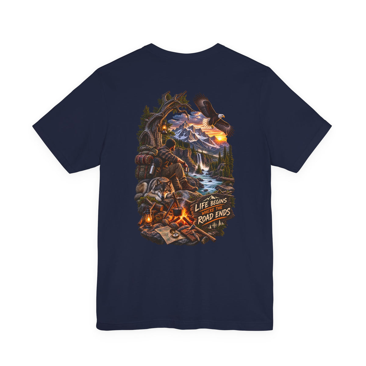 Adventure Campfire Tee — Life Begins Where the Road Ends Graphic T-Shirt