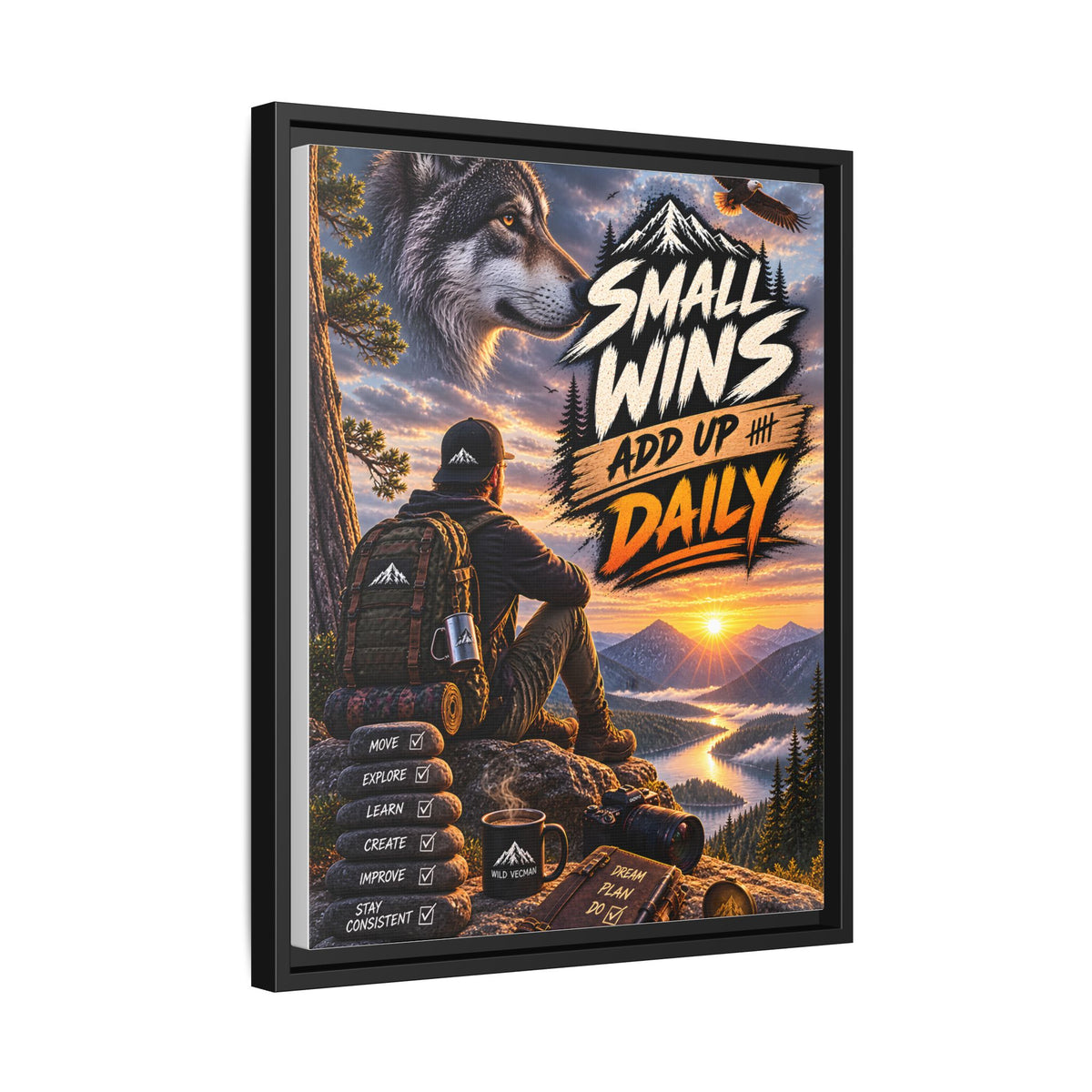 Small Wins Add Up Daily Framed Canvas Wall Art — Motivational Hiking Print