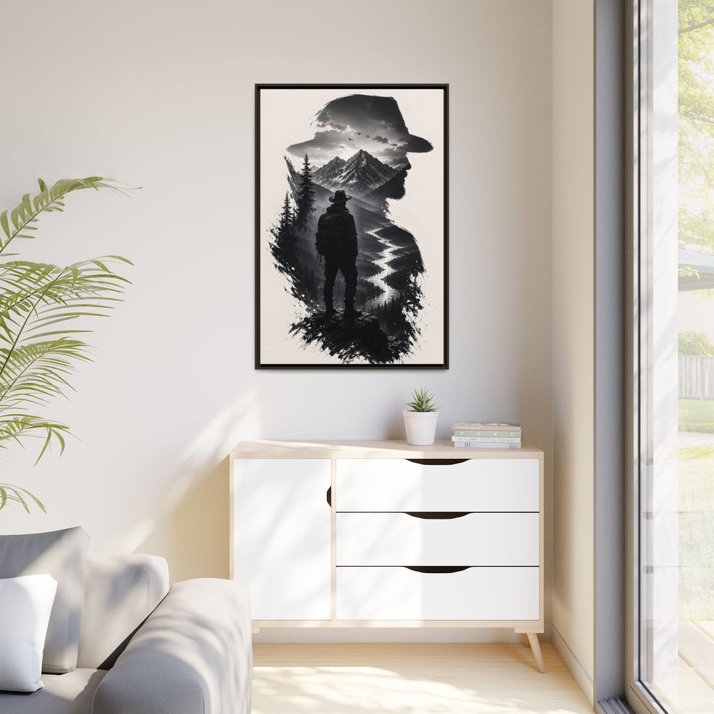 Adventure Silhouette Matte Canvas Framed Print — Mountain Hiker Double Exposure Wall Art
