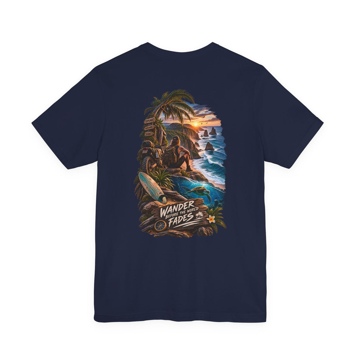 T-Shirt — "Wander Never Fades" Surf Sunset Graphic Tee