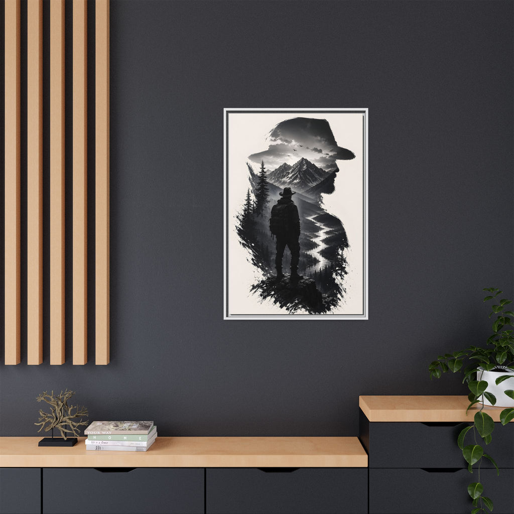 Adventure Silhouette Matte Canvas Framed Print — Mountain Hiker Double Exposure Wall Art