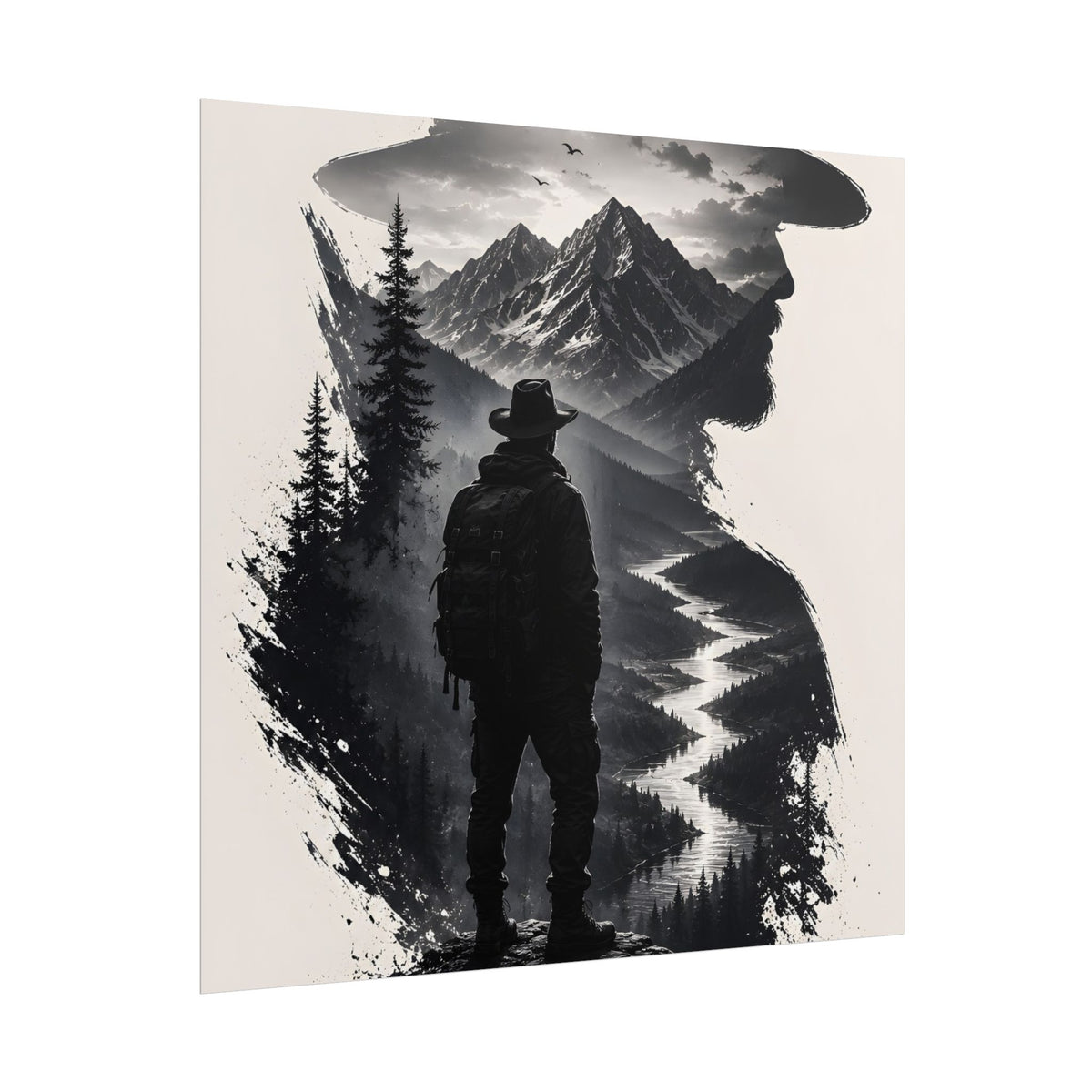 Adventure Silhouette Poster — Hiker, Mountains & River Rolled Wall Art