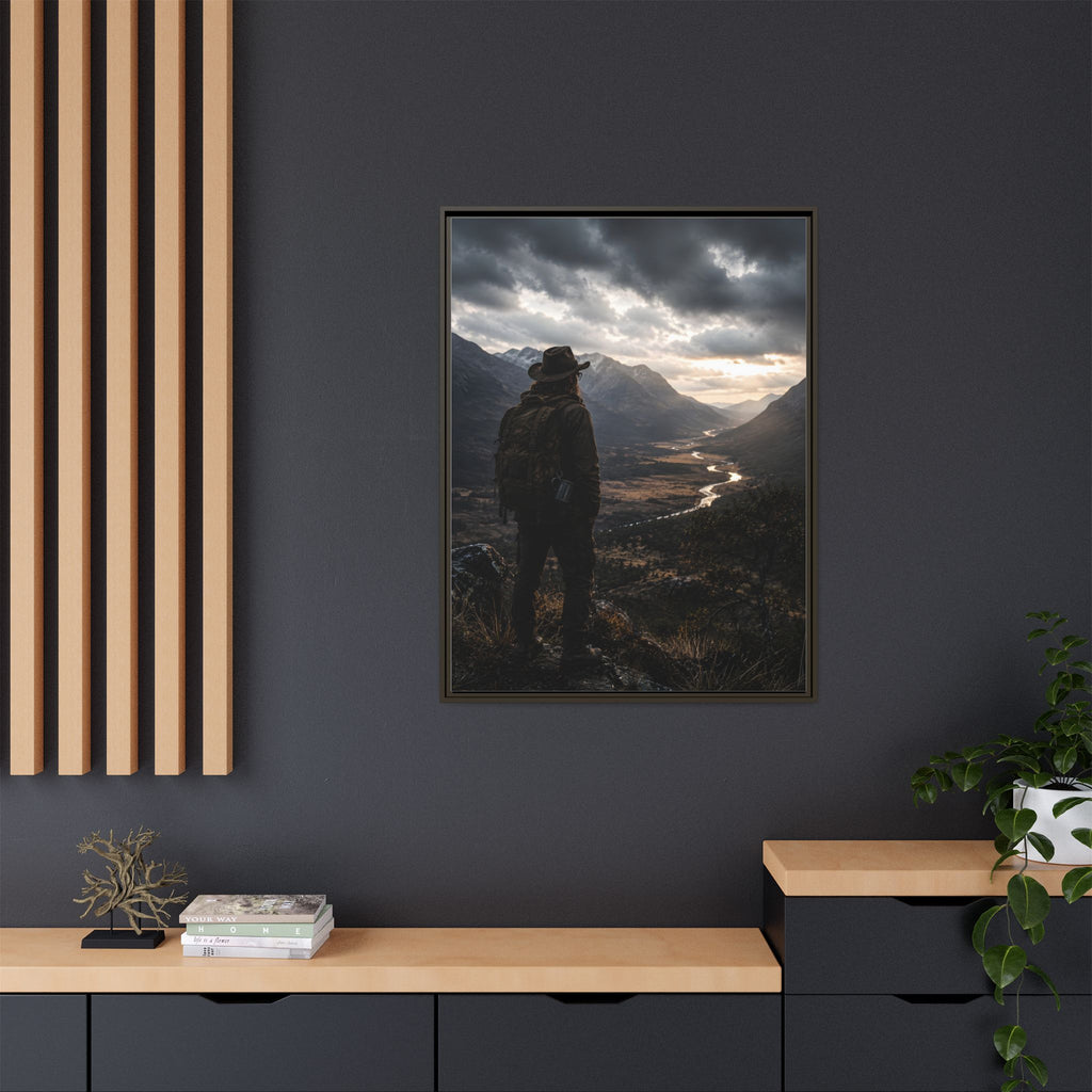 Wanderer in the Valley Matte Framed Canvas – Adventure Landscape Wall Art