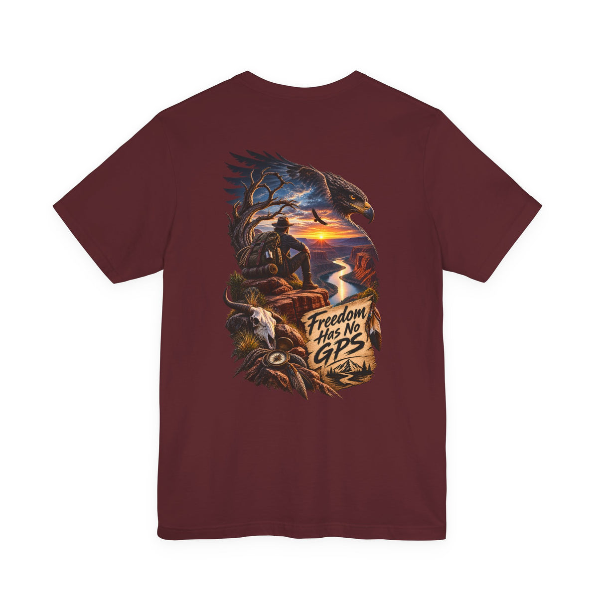 Freedom Has No GPS T‑Shirt — Patriotic Eagle Sunset Vintage Tee