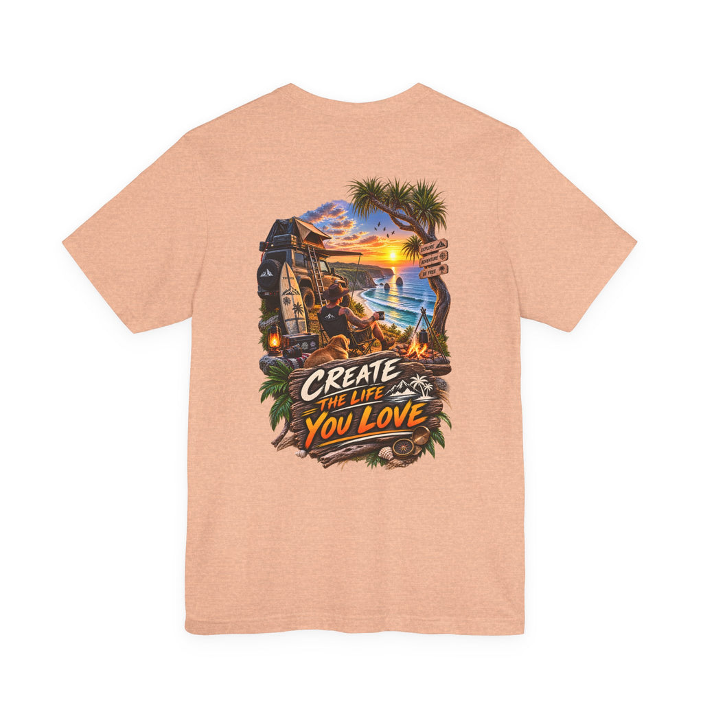 T-shirt « Create the Life You Love » — T-shirt graphique avec coucher de soleil et surf à la plage