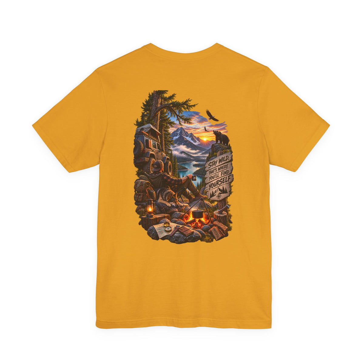 Camping Scene Backprint Tee — 'Stay Wild' Mountain Campfire Graphic T‑Shirt